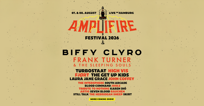 Poster für das Amplifire Festival 2026 mit Bandnamen und Veranstaltungsdetails.