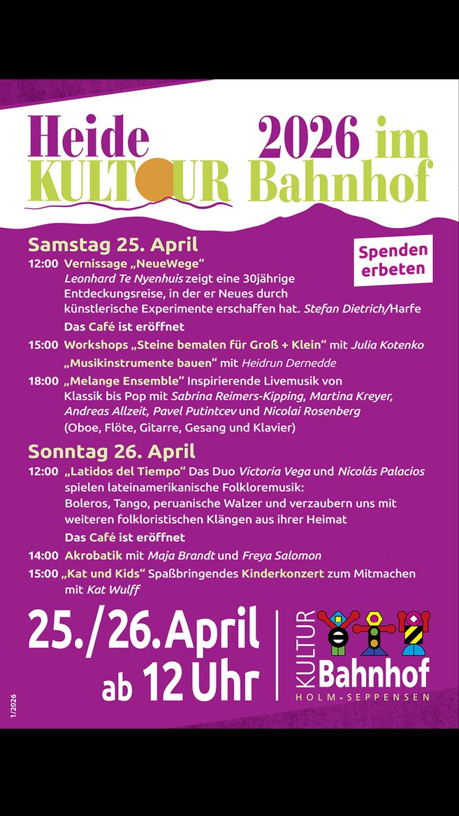 Plakat für die Heidekultour 2026 im Kulturbahnhof mit Veranstaltungsprogramm am 25. und 26. April.