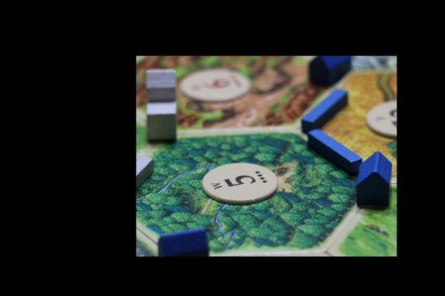 Nahaufnahme eines Brettspiels mit blauen und grauen Spielsteinen auf einem Wald-Feld.