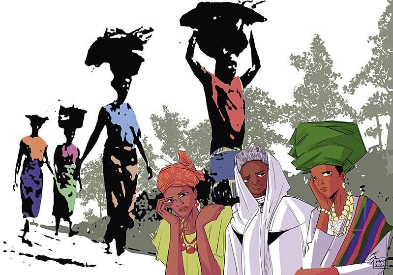 Illustration von Frauen in traditioneller Kleidung, einige tragen Lasten auf dem Kopf.