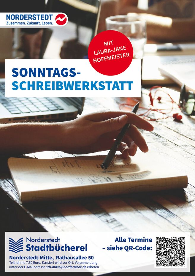 Plakat für die Sonntags-Schreibwerkstatt in Norderstedt mit einem Laptop und Notizbuch im Hintergrund.