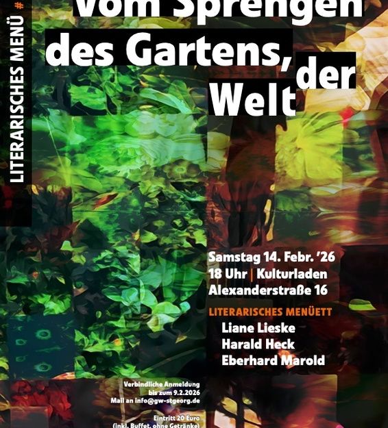 Poster für eine literarische Veranstaltung mit buntem, abstraktem Hintergrund und Textinformationen.