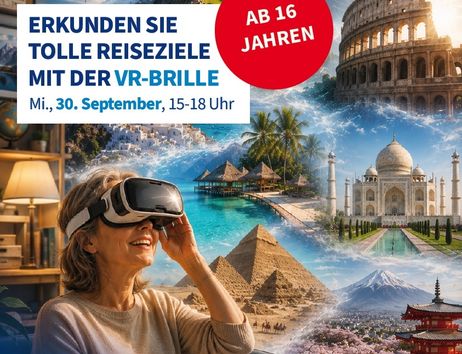 Frau mit VR-Brille erkundet virtuelle Reiseziele, umgeben von Sehenswürdigkeiten wie dem Kolosseum und den Pyramiden.
