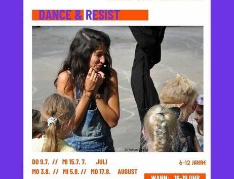 Plakat für ein Tanz- und Theater-Event für Kinder im Lohmühlenpark.