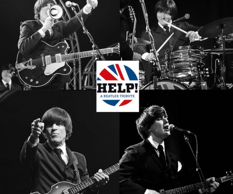 Schwarz-weiß Foto einer Beatles-Tribute-Band bei einem Auftritt.