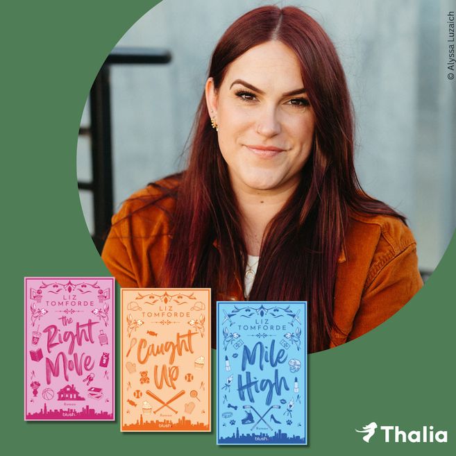 Porträt einer Frau mit drei Buchcovern von Liz Tomforde im Vordergrund.