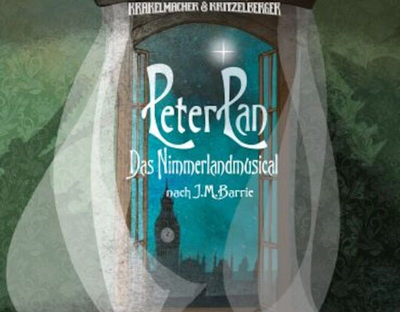 Illustration eines Fensters mit Blick auf den Big Ben und den Nachthimmel, umgeben von Vorhängen. Text: Peter Pan Das Nimmerland-Musical nach J.M. Barrie.