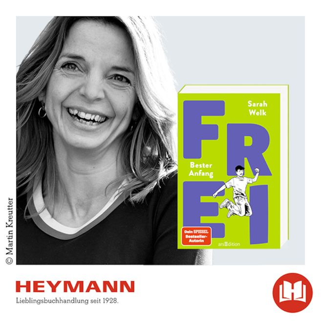 Porträt einer lächelnden Frau neben einem Buchcover mit dem Titel 'Frei' von Sarah Welk.