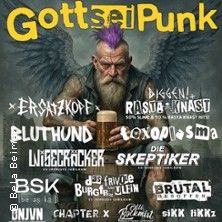 Poster für das Gott sei Punk Festival 2026 mit einem älteren Mann mit Irokesenschnitt und Flügeln, umgeben von Bandnamen.