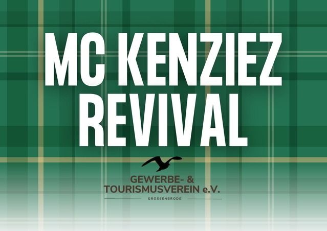 Grünes kariertes Hintergrundbild mit dem Text 'Mc Kenzies Revival' und dem Logo des Gewerbe- & Tourismusverein e.V. Großenbrode.