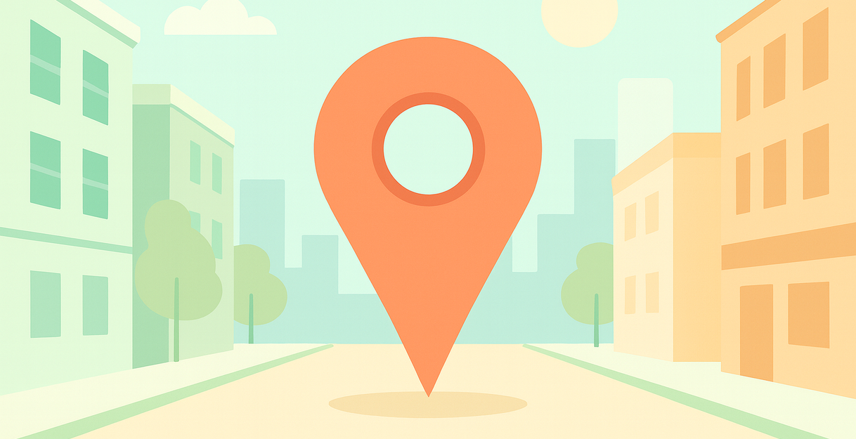 Illustration einer Stadt mit einem großen, orangefarbenen Standort-Pin in der Mitte.