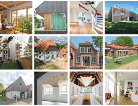 Collage von modernen und traditionellen Gebäuden mit nachhaltiger Architektur.