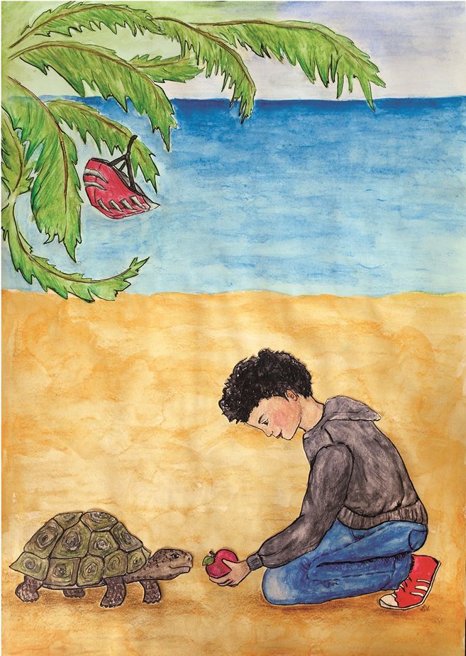 Ein Junge kniet am Strand und hält einen Apfel vor eine Schildkröte. Ein roter Fahrradhelm hängt an einer Palme. Im Hintergrund ist das Meer zu sehen.