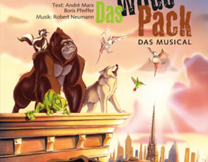 Illustration von Tieren auf einem Dach mit Stadt im Hintergrund, Titel 'Das Wilde Pack - Das Musical'.