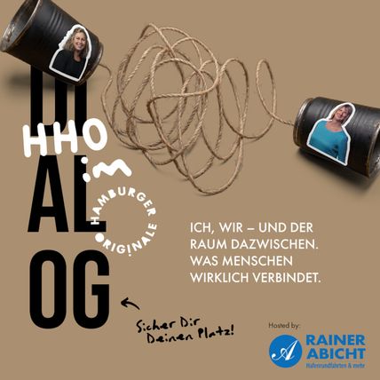 Zwei Dosen mit Fotos von Personen, verbunden durch eine Schnur, auf einem braunen Hintergrund. Text: Ich, wir – und der Raum dazwischen. Was Menschen wirklich verbindet.