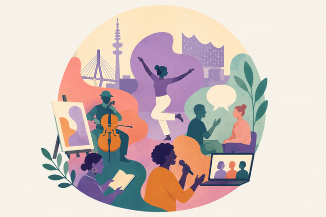 Illustration von Menschen, die verschiedene kulturelle Aktivitäten ausüben, vor einer Stadtsilhouette mit bekannten Gebäuden.