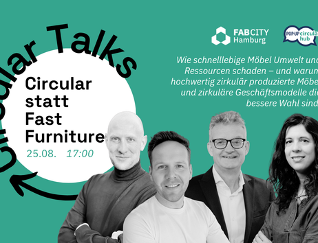 Veranstaltungsbanner zur Veranstaltung „Circular statt Fast Furniture“ mit vier abgebildeten Referent:innen.
