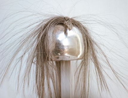 Das Bild zeigt einen Van-de-Graaff-Generator, vor weißem Hintergrund, auf dem sehr dicke graue Haare zusammengebunden liegen, ein paar einzelne Haare stehen hoch.