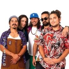 Eine Gruppe von fünf Männern posiert lächelnd in bunten, lässigen Outfits vor einem weißen Hintergrund.