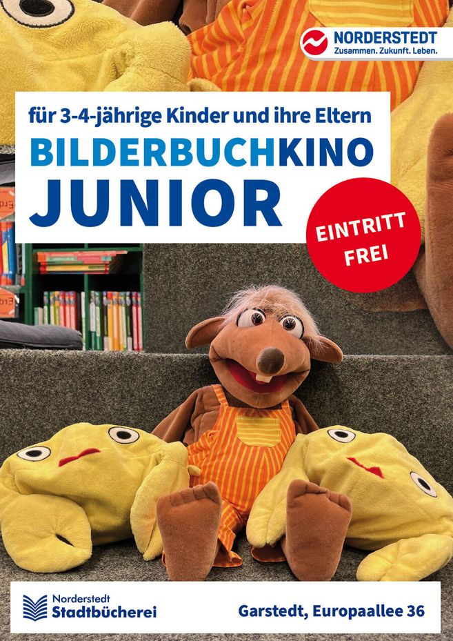 Plakat für das Bilderbuchkino Junior in der Stadtbücherei Norderstedt mit einem Stofftier und gelben Kissen.