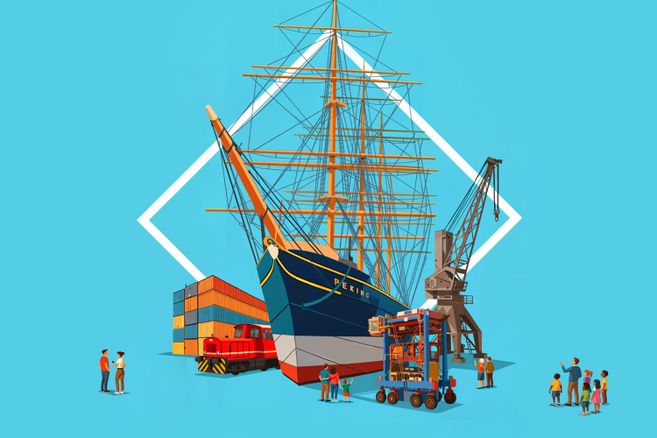 Grafik auf himmelblauem Hintergrund mit Segelschiff, Containern, Hafenkränen und beobachtenden Menschen