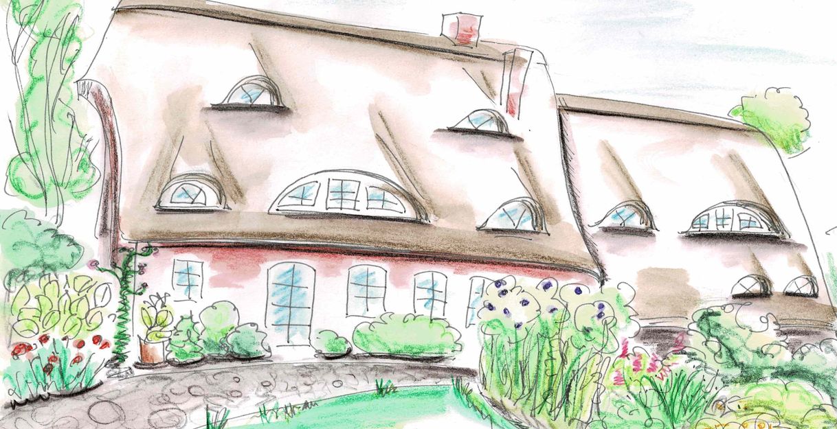 Illustration eines Hauses mit Reetdach und Garten.