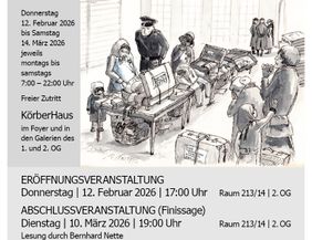 Zeichnung. Ein Soldat kontrolliert den Koffer einer alten Frau.