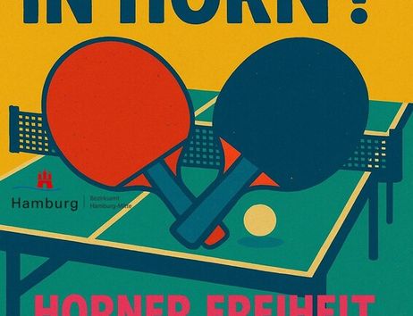 Plakat für Tischtennisveranstaltung in Hamburg Horn mit zwei Tischtennisschlägern und Ball auf einem Tisch.