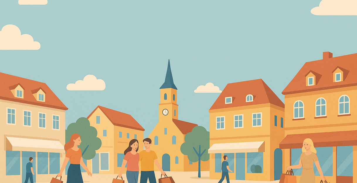 Abstrakte Illustration einer Stadt mit stilisierten Einkaufsstraßen und Passanten in hellen Pastelltönen