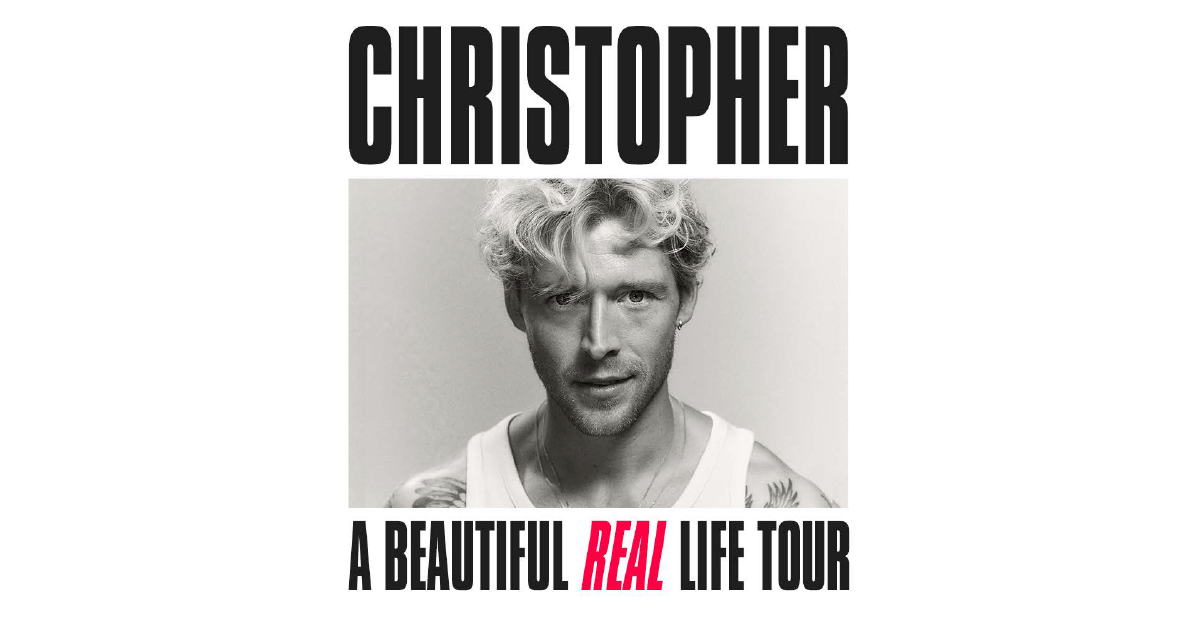 Schwarz-weiß Porträt eines Mannes mit lockigem Haar und Bart, umgeben von Text: 'CHRISTOPHER' und 'A BEAUTIFUL REAL LIFE TOUR'.