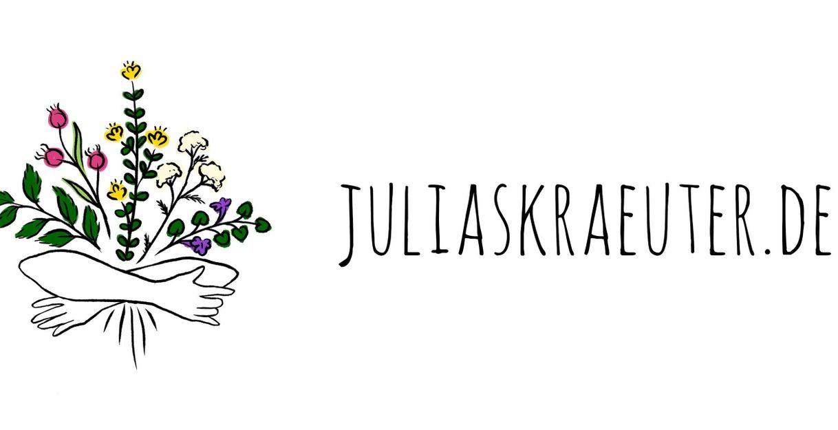 Illustration eines Kräuterstraußes mit der Website-Adresse juliaskraeuter.de daneben.
