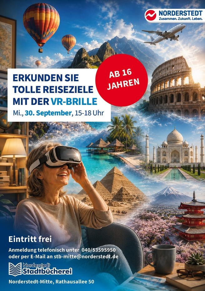 Frau mit VR-Brille erkundet virtuelle Reiseziele, umgeben von Sehenswürdigkeiten wie dem Kolosseum und den Pyramiden.