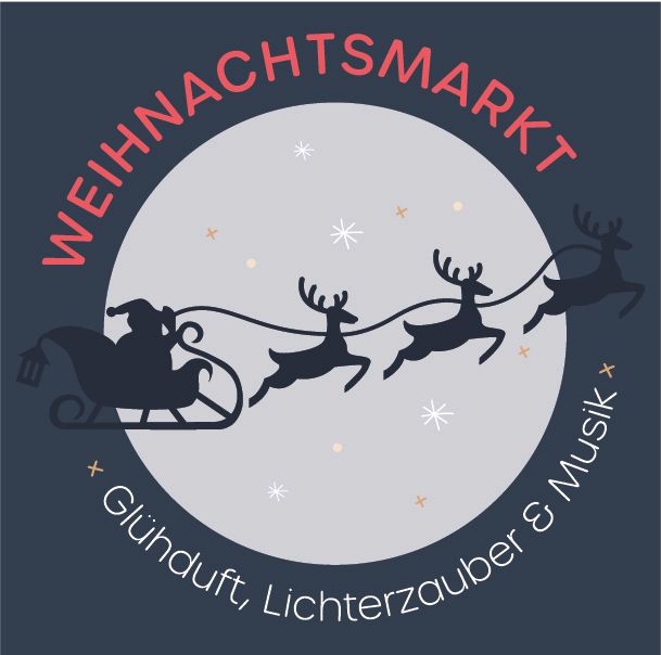Grafik eines Weihnachtsmanns im Schlitten mit Rentieren vor einem Vollmond.