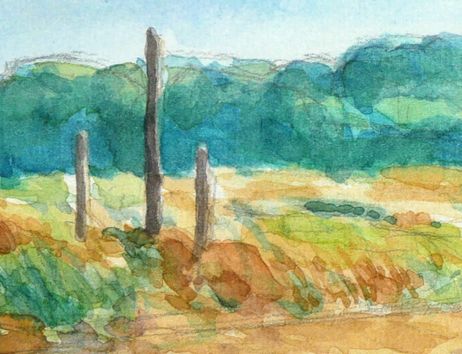 Aquarellbild einer Landschaft mit Wiese, Bäumen und Zaun