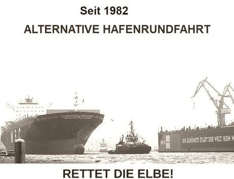 Blick auf die Elbe mit Werft, Schlepper, Containerschiff und Barkasse