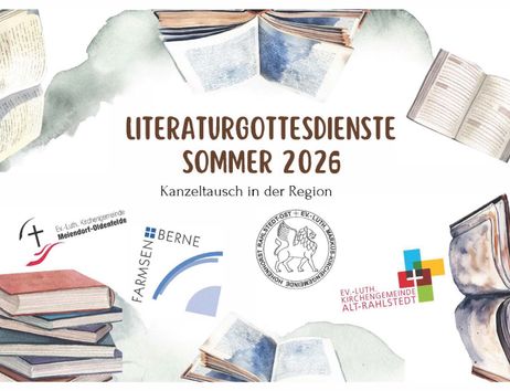 Plakat für Literaturgottesdienste im Sommer 2026 mit Büchern und Logos von Kirchengemeinden.