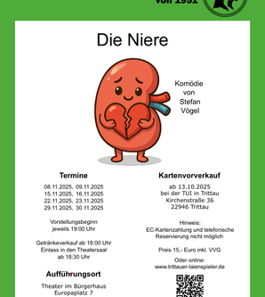 Das Plakat mit den Aufführungsterminen vom Theaterstück "Die Niere" von Stefan Vögel
