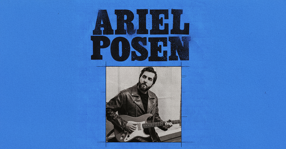 Plakat mit Ariel Posen und Gitarre auf blauem Hintergrund.
