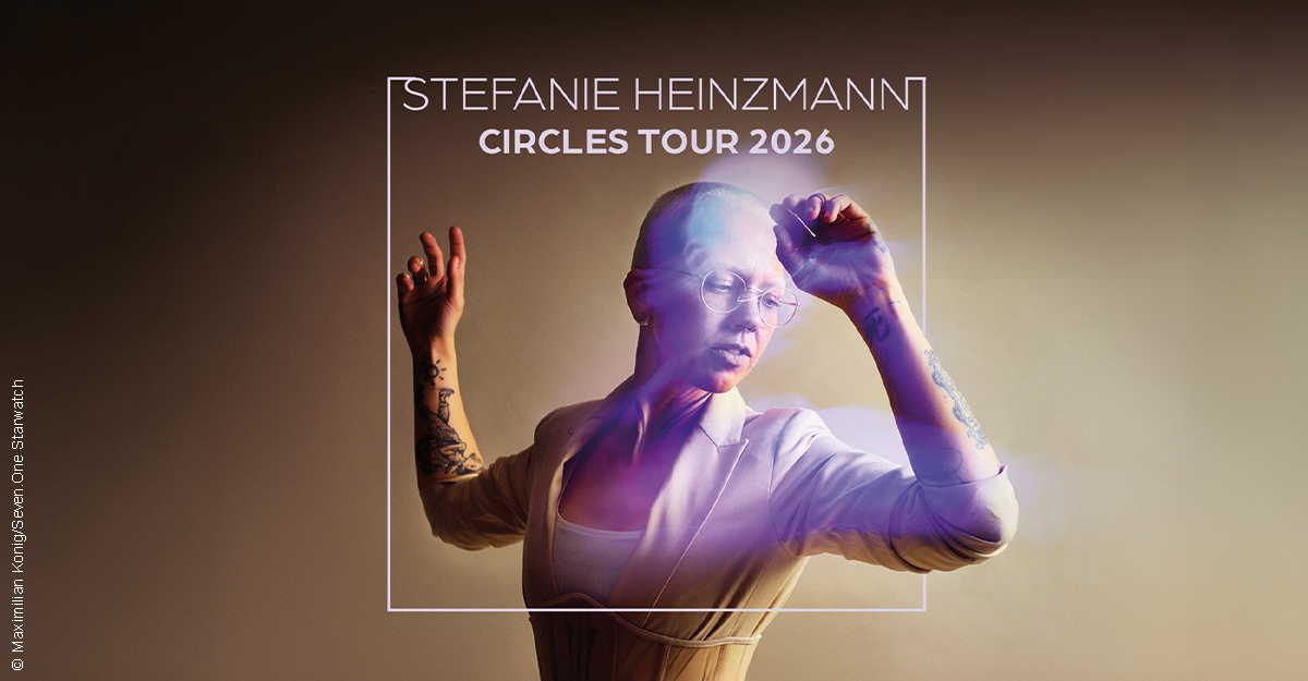 Plakat der Stefanie Heinzmann Circles Tour 2026 mit einer Frau in dynamischer Pose und bunten Lichteffekten.