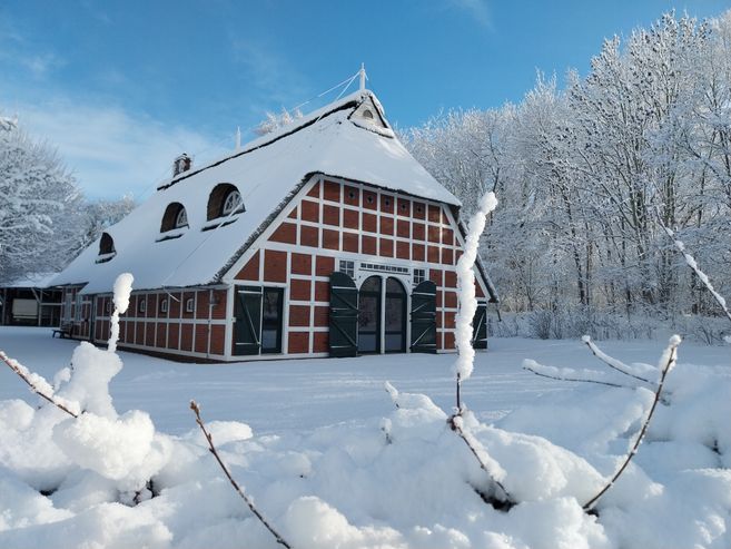 Ein verschneites Fachwerkhaus mit Reetdach vor einem winterlichen Wald.