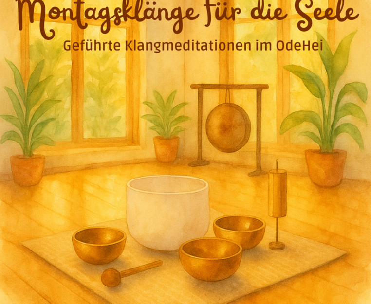 Ein warmer Raum mit Klangschalen und Gong