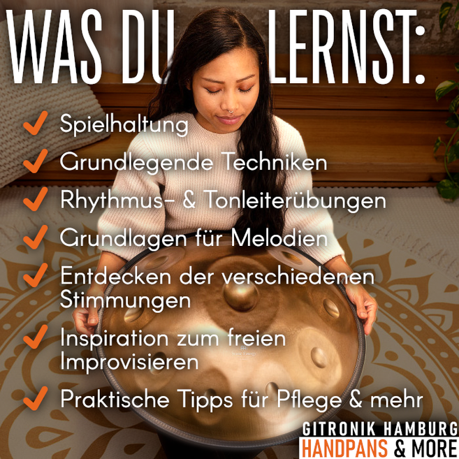  Frau spielt Handpan mit textinhalten was gelernt wird: Spieltechniken etc