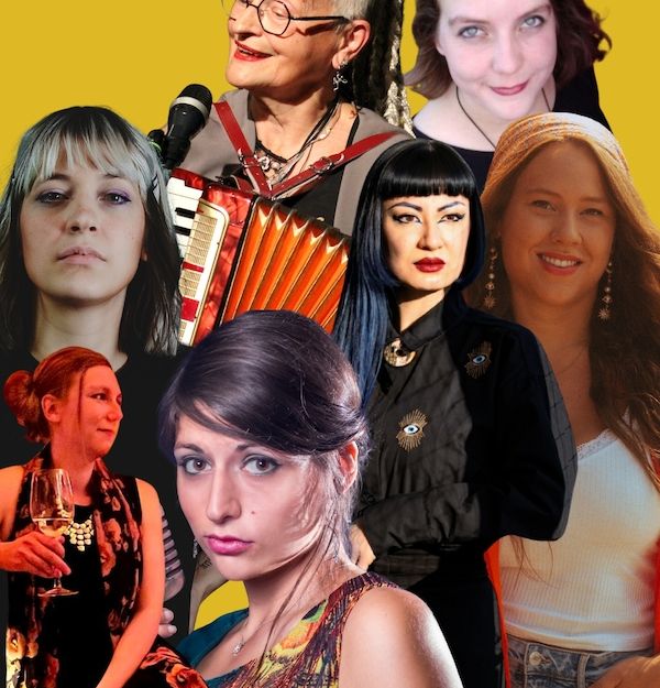 Collage von sieben Frauen vor gelbem Hintergrund, eine spielt Akkordeon.