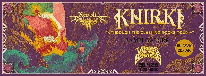 Konzertplakat für die Band Khirki mit einem Segelschiff und einer mythologischen Figur.