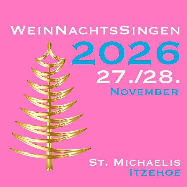 Logo des WeinNachtsSingen 2026 mit goldener Tannenbaumgrafik auf pinkem Hintergrund.