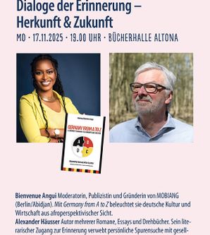 Plakat für eine Veranstaltung in der Bücherhalle Altona mit zwei Personen und einem Buchcover.