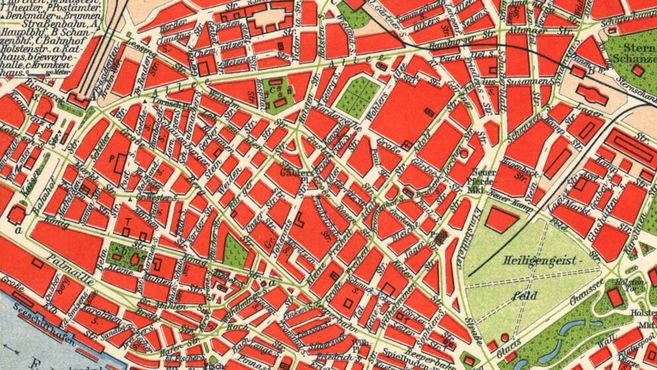 Historische Karte von Altona mit Straßennamen und Gebäuden.