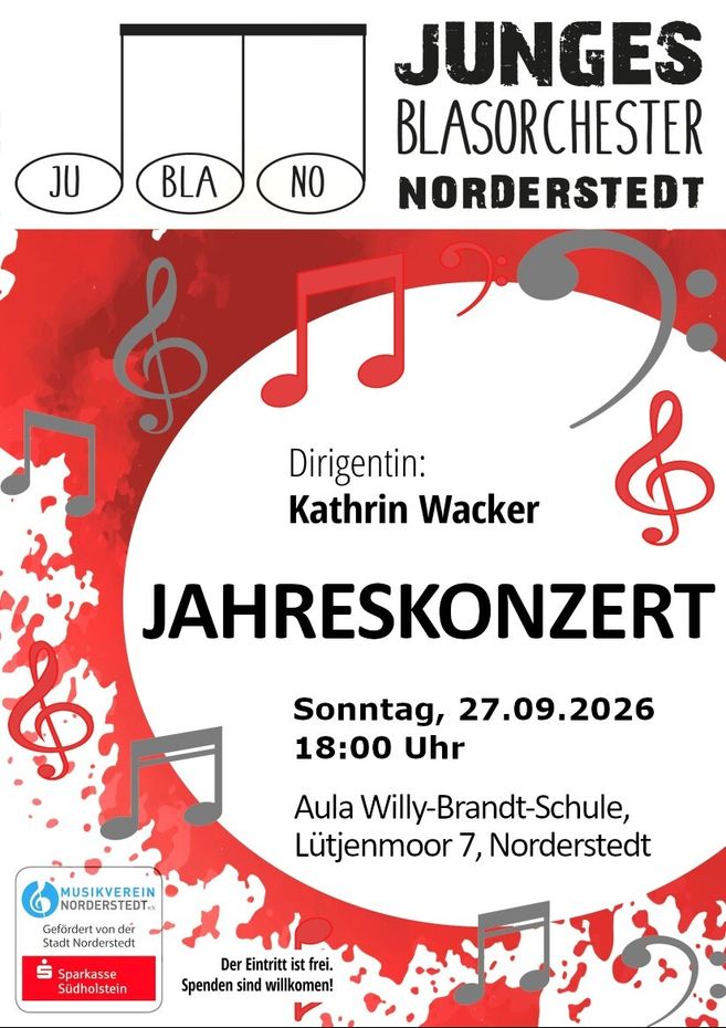 Plakat für das Jahreskonzert des Jungen Blasorchesters Norderstedt 2026.