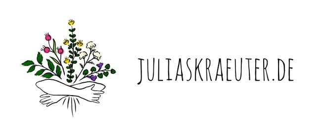 Illustration eines Kräuterstraußes mit der Website-Adresse juliaskraeuter.de daneben.