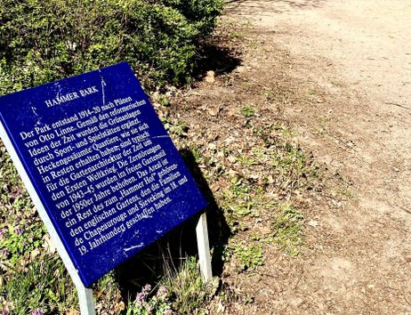 Informationstafel im Hammer Park mit Text über die Geschichte des Parks.